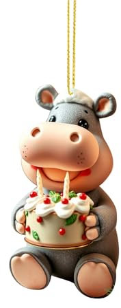 Weihnachtsdeko Nilpferd hält Kuchen Acryl Weihnachtsschmuck Anhänger Doppeldruck Hängend Weihnachtsbaum Deko Anhänger Weihnachtsbaumschmuck Auto Dekoration Anhänger