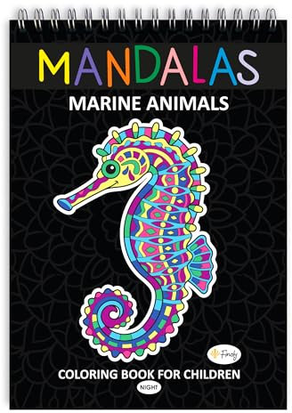 Finoly Mandala Enfant | Coloriage Mandala Enfant pour Adultes et Enfants | Coloriage Mandala Animaux | Livre Coloriage Mandala | Mandala à Colorier Enfant A4 | Papier Premium Reliure Spirale (Nuit)