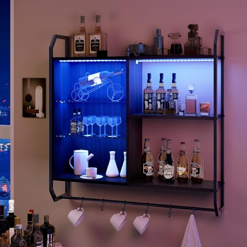 YU YUSING Porte Bouteille Mural en Métal avec Lumières LED 7 Couleurs, Support Rangement Bouteille Vin, Casiers Supports de Cuisine, Rangement Verre à Pied, Meuble Bar Salon, 82.5x21.5x80cm Noir