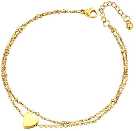 ChainsPro Chaîne de cheville double en acier inoxydable avec cœur pour femme Argenté/doré/noir
