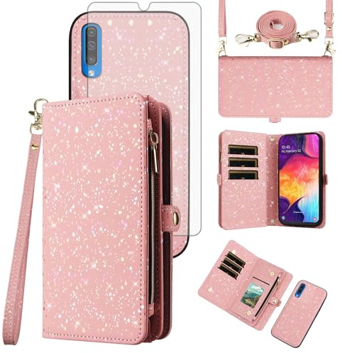 Asuwish Handyhülle für Samsung Galaxy A50 A30S A50S Hülle mit Band Schutzfolie Kartenfach Klappbar Glitzer Leder Blumen Geldbörse Ständer A 50 50S 30S 50A Handy Hüllen Schutzhülle Phone Case Rosa