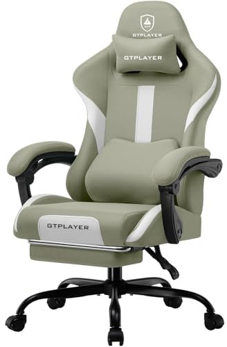 GTPLAYER Sedia da gioco, ergonomica, da gioco, con poggiatesta e cuscino lombare, imbottita, con poggiapiedi, poltrona girevole, capacità 150 kg, colore: verde