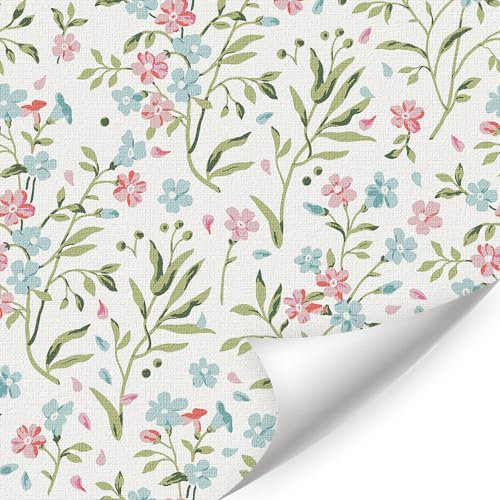ANHUIB Flower Wallpaper Self Adhesive Peel and Stick Wild Floral Wallpaper Blue Pink Floral Contact Paper 44x300cm Boho Flower Wall Decal Plant Pattern Vinyl Wall Wrap for Bedroom Bathroom Living Room