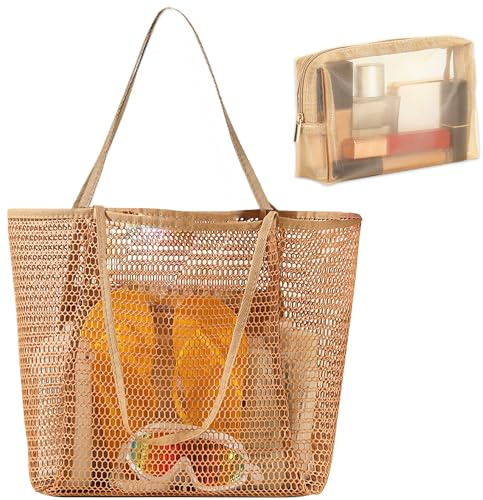 BACH AND BOOZY Brown Mesh Strandtasche Familie Strandtasche mit Reißverschluss Shopper Damen Beach Bag Einkaufstaschen für Reisen Einkaufen und Alltag