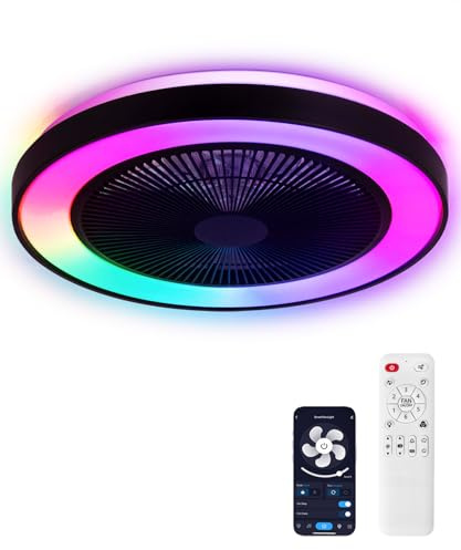 2-in-1 Dünnwandiger Schwarzer Deckenventilator mit Licht, 50,8 cm (20) Käfig-Sicherheitsdesign für Kinder – RGB-Farben, Smart-APP/Fernbedienung, Leiser Flachmontage-DC-Motor, Ideal für Schlafzimmer