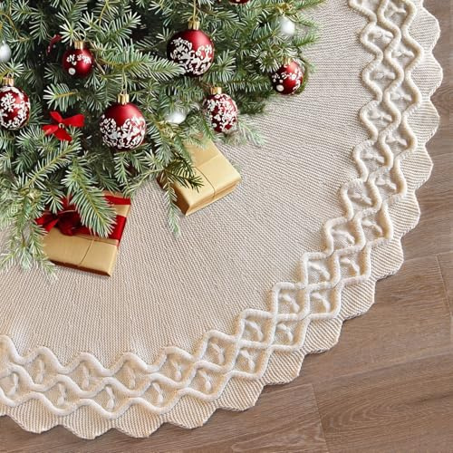 Weldomcor 122cm Weihnachtsbaum Decke, 3D Gestrickter Weiß Weihnachtsbaum Rock Teppich Rustikaler Groß Weihnachtsteppich Christbaumdecke Rund für Zuhause Weihnachtsfeier Weihnachtsbaumschmuck