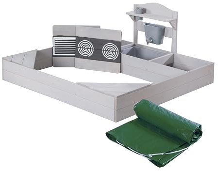 roba Bac à Sable en Bois avec Cuisine Bancs et Couvercle - Muddkitchen avec Robinet Bac de Jeu et Plaques de Cuisson Imprimées - Bois Gris Lasuré Résistant aux Intempéries