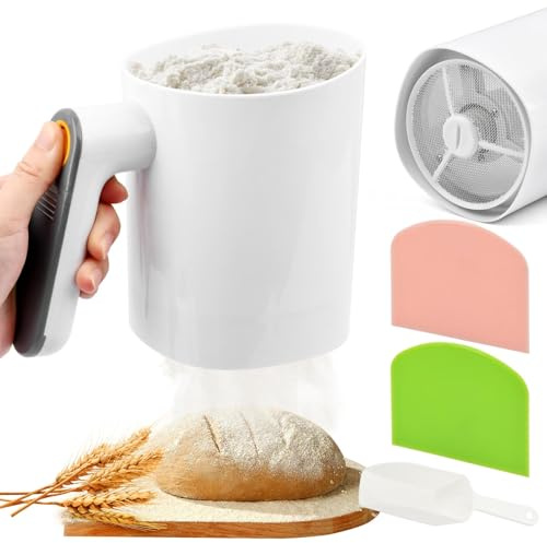 Electric Flour Sifter, Battery Operated Flour Sifter Cup，Easy to Clean, Ergonomical Handle FlourS Sieve for Cooking, 4 Cup Sieve, Pastry Baking(COLOR:white)