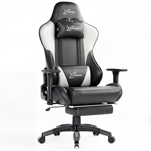 Blisswood PU Leather Gaming Chair For Adults With Footrest, Large High-Back Ergonomic Recliner Chair, Cool Gel Cushion, 3D Armrests & Lumbar Support, Heavy Duty Swivel Office Chair (White)