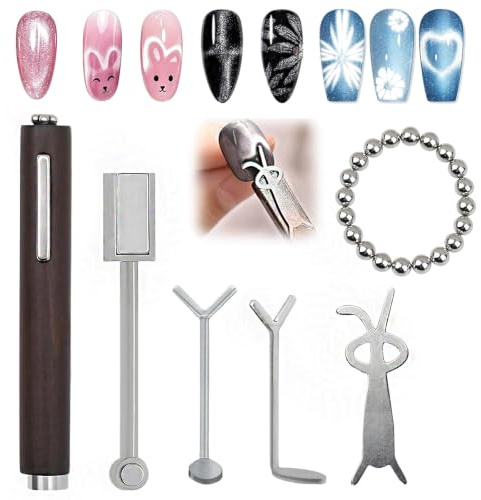 6 PCS Cats Eye Nail Magnetic Set, Cat Eye Magnetic Beads Nail Art Tools Pen | Long Strip Tools Applicable to DIY Three in One Personalized Nails Polish Polishing Kit