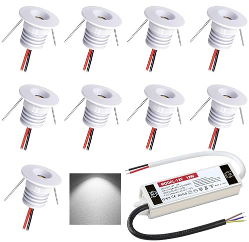 LED Einbaustrahler 12V 1W mini Led Spot Einbauleuchten IP65 deckenspots für Badezimmer Küche Wohnzimmer kleiderschrank schranklicht vitrinen treppenstufen beleuchtung 9 Stück (Weiß,kaltweiß 6000K)