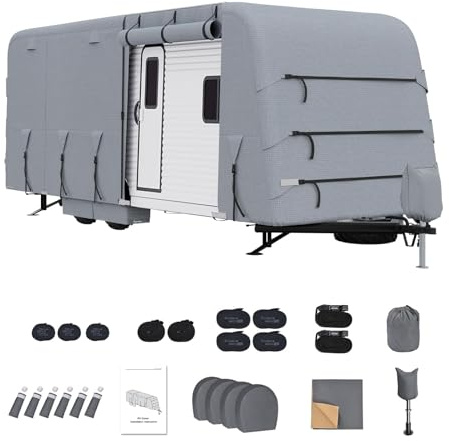 Wohnwagen Abdeckplane 5,5-6,1 m – 4-Schicht-Schutzhülle Für Wohnwagen & Wohnmobile – Wasserdicht Winddicht UV-Beständig, Mit 400 kg Reißfestigkeit – Atmungsaktiv Inkl. Windschutzgurte, Reifenhauben