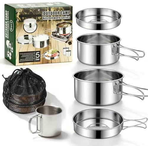 Kit De Casseroles Camping: 5PCS Portable Set De Cuisine De Camping En Acier Inoxydable, Léger Campings Batterie De Cuisine Pour Ourdoor Pique-Nique Campings Randonnée Sac à Dos