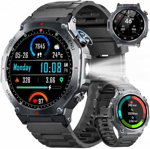 Jugeman Military Smart Watch for Men Built-in GPS with LED Flashlight-Black