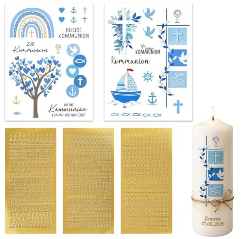 5 Stück Kerzentattoos Kommunion Taufe Kerzen Tattoofolie, Kommunionkerze Bastelset mit 2 Wasserschiebefolien, 2 Blatt Buchstaben Aufkleber, 1 Blatt Zahlen Sticker, Geeignet für Taufe, Konfirmation