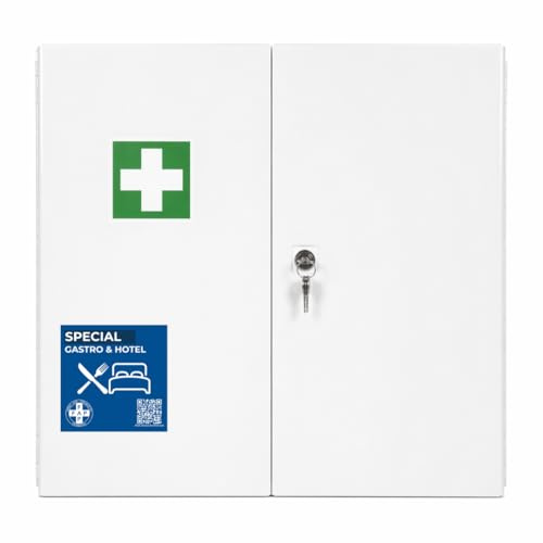 First Aid Products Gastro Erste Hilfe Verbandschrank Groß - Gastronomie Hotel mit Verbands-Set DIN13169 | Detect-Pflaster HACCP & Burngel | für Küche Restaurant für Wandmontage - Zwei Türen 60×50×13cm