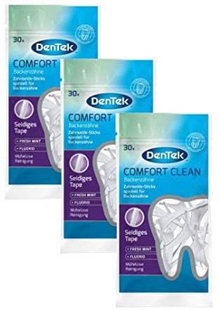 Dentek Comfort Clean Zahnseide Sticks, speziell für Backenzähne - Zahnreinigung der hinteren Zahnzwischenräume - Minzgeschmack - Fluorid - Zahnstocher, 3 x 30 Stück