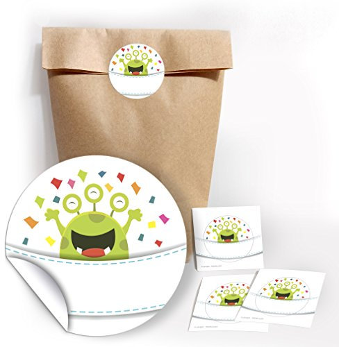 Juna-Experten 12 Party-Tüten aus Kraftpapier + 12 Monster-Aufkleber – Lustige Geschenktüten für Mitgebsel beim Kindergeburtstag, Hochzeit, Kinderfest oder Geburtstag