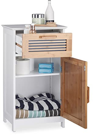 Relaxdays Armario de baño, Estrecho, Natural, Altura Ajustable, MDF, Blanco, 70x40x28,5 cm