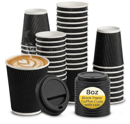 We Can Source It Ltd – 1000 Sets of 8oz Insulated Black Paper Coffee Cups with Lids, Disposable Hot Beverage Cup for Coffee, Tea - Leak-Proof Disposable Coffee Cups for Home, Office and Cafes