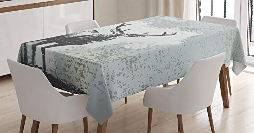 ABAKUHAUS Geweih Tischdecke, Hirsch Silhouette Grunge, Schmutzabweisend Pflegeleicht Waschbar Druck Mit Klaren Farben ohne Verblassen, 140 x 240 cm, Schwarz Grau