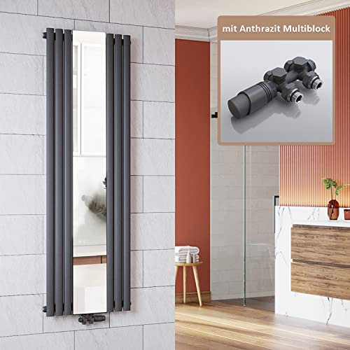 ELEGANT Heizkörper mit Spiegel Anthrazit 1800x500mm mit Multiblock Anthrazit Thermostat