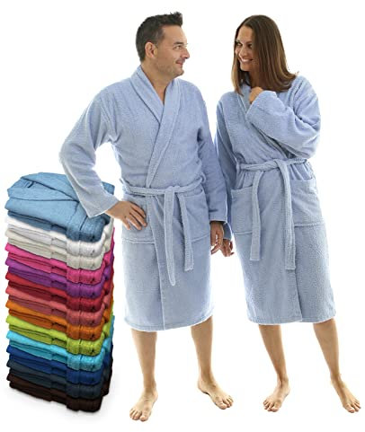 LEBENGOOD Peignoir unisexe pour femme et homme 100% coton éponge américain 400 g avec ceinture, poches, douche, peignoir doux, serviette (Celeste L)