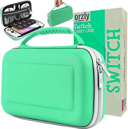 Orzly Tragetasche für Nintendo Switch OLED Konsole mit Zubehör und Spiele-Ablagefach – leicht zu reinigende Hülle in Geschenkverpackung, grün/weiß, Reinigbares und waschbares Material