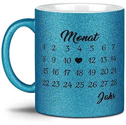 Glitzer-Tasse mit Kalender selbst gestalten - Jahrestag anpassbar, mit Namen & Text Bedrucken - Geschenk Valentinstag, Jahrestag, Freundin, Paar, Liebe - Blau, 300 ml