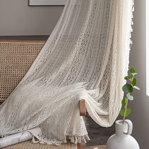 WAZZIO Boho Lace Curtains 84 inch Curtains 2 Panel,Rod Pocket Vintage Bohemian Farmhouse Crochet Curtains Geometry Privacy Cream Sheer Curtain Drapes Farmhouse for Living Room Bedroom,Beige