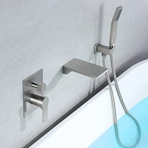 XJTNLB Badewannenarmatur Wasserfall mit Brause Mischbatterie Badewanne Unterputz Wannenarmatur Wasserfall mit Handbrause Armatur Badewanne Dusche,Gebürstet