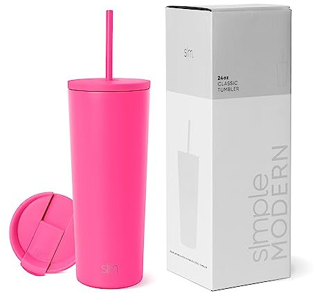 Simple Modern Thermobecher mit Strohhalm und Deckel | Trinkbecher mit Henkel Wiederverwendbare Edelstahl | Geschenke für Frauen und Männer | Classic | 710ml | Raspberry Vibes