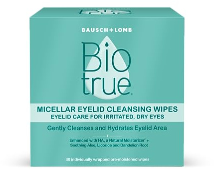 Biotrue Micellar Eyelid Cleansing Wipes, Fragrance-Free Eyelid Care for Dry, Irritated Eyes, Gently Cleanses, Hydrates & Soothes Eyelids, Moisturizing Eye Wipes for Daily Use, 30 Wipes (Pack of 1)