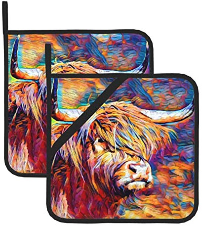 Highland Topflappen, Kuh-Design, hitzebeständig, rutschfest, für Küche, Grillen, Kochen, Backen, Mikrowelle, 2 Stück