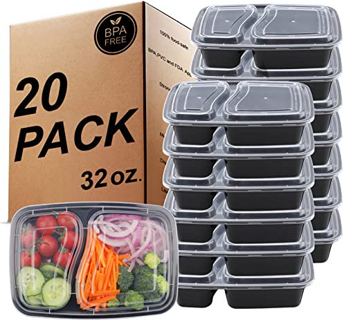 KINGHON Meal Prep Containers Set of 20 Pcs - 1000ml/32oz Food Prep Container with Lids, 2 Compartment BPA Free Plastic Bento Box for Adults