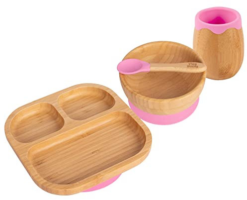 Tiny Dining Baby Feeding Set - Divided - Pink - 4pc - Divided Non-Slip Bamboo Self-Feeding Weaning Plate, Bowl, Drinking Cup & Spoon for Babies, Toddlers, Children