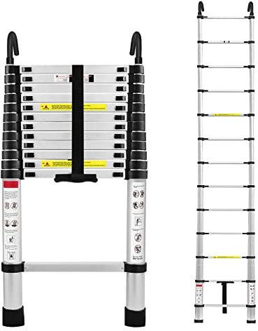 LARS360 3,8m Teleskopleiter aus Aluminium mit Abnehmbaren Haken, Rutschfesten Füßen, Aluleiter Klappbar, Dachbodenleiter, Tragfähigkeit 150 kg, Zusammengeklappte Höhe 83,5 cm, Silber, LARS-(HAG8592A)