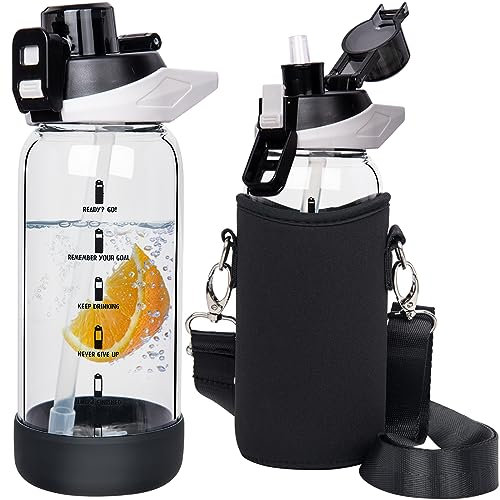 Seekua 0.6l Sport Gourde Verre avec Paille & Heure de Motivation 600ml Bouteille d'eau Verre Réutilisable sans BPA avec Marqueur de Temps