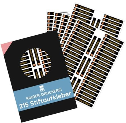 215 Stück personalisierte Stiftaufkleber Stiftetiketten 40x6 mm - Namensaufkleber mini/sehr klein - Aufkleber für Stifte, Buntstifte, Füller/Wasserfest/Kratzfest (Schwarz, Set 215 Stück)