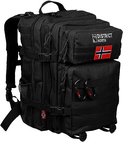 District North Militär Rucksack Complete | Vollausgestatter OUTDOOR RUCKSACK 40l | Inkl. Karabiner Raincover Flaschenhalter | US Cooper Rucksack Bundeswehr (Large - 40 Liter, Schwarz/Black)