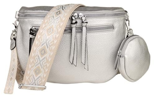 MIRROSI® Bauchtasche Damen, Veganleder 30x20x9cm, Umhängetasche, Brusttasche, Crossbody bag, Kunstleder leder, verstellbare Schulterriemen Bohemian Style (Silber)