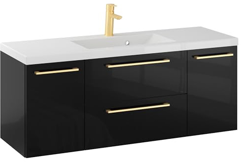 Furni Rosen 120 cm Hängend Waschbecken mit Unterschrank und Stilvollen und Goldenen Griffen Waschbeckenunterschrank Badezimmer Waschtisch mit Unterschrank Waschtischunterschrank