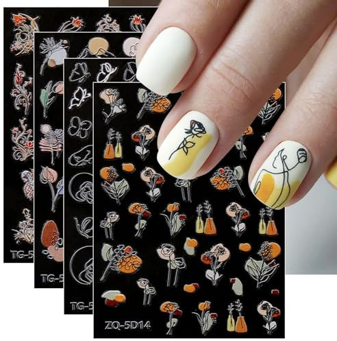 JMEOWIO 3D Embossed Flower Nail Art Stickers Decals Self-Adhesive 5D Colorful Floral Line Nail Supplies Nail Art Design Decoration Accessories 4 Sheets