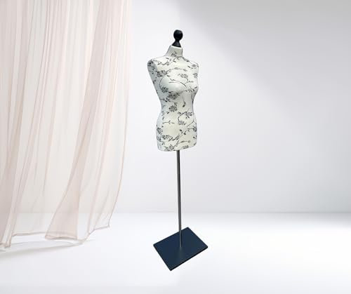 LUSORIA Schneiderpuppe, Schneiderbüste weiblich Ecru mit schwarzen Blumen/schwarzer Standfuß (L 40/42)