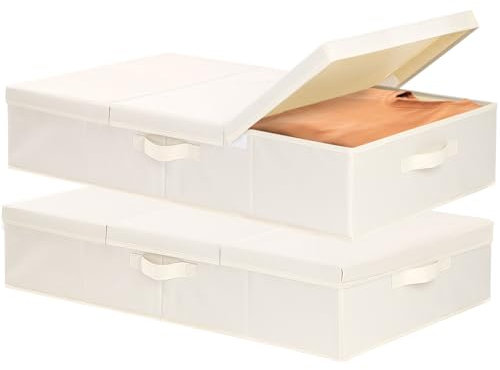 YheenLf 2 Stück Unterbettkommode, Unterbett Aufbewahrungsbox mit Deckel, Faltbare Aufbewahrungstasche, Stoffboxen Aufbewahrung mit Griff Verwendet für Decken, Kissen, Beige, 60x30x15cm