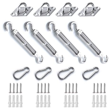 OIZEN Kit di Montaggio per Tenda da Sole, Accessori di Fissaggio in Acciaio Inossidabile 304, Antiruggine, per Tende Quadrate e Triangolari (Set da 12 Pezzi + 16 Viti)