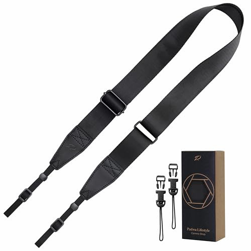 Padwa Lifestyle Verstellbarer Schwarz Kameragurt - 1,5“ Kopf-Kameragurte aus Rindsleder für Fotografen, Verstellbarer Nacken-, Schulter- und Crossbody-Gurt mit Schnellverschluss für alle Kameras