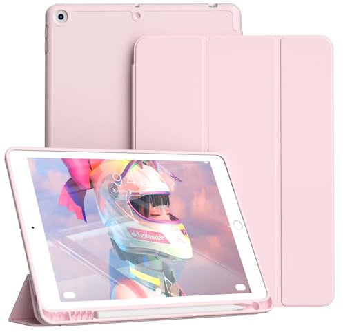 KVTVOU Hülle für iPad 9. / 8. / 7. Generatioon 2021/2020/2019 10,2 Zoll Hülle mit Stifthalter, Weiche TPU Rückseite Abdeckung, Trifold Ständer, Tragbar, Ultradünn, Auto Wachen/Schlafen, Rosa