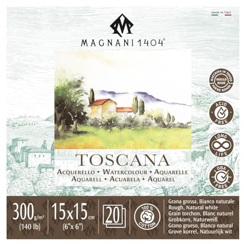 Magnani 1404 Toscana Aquarellpapier, grob, 100 % Baumwolle, 20 Blatt, 15,2 x 15,2 cm, 63,5 kg, säurefrei, UV-beständig, karierte Kanten, veganes Aquarellpapier für Künstler, hergestellt in Italien