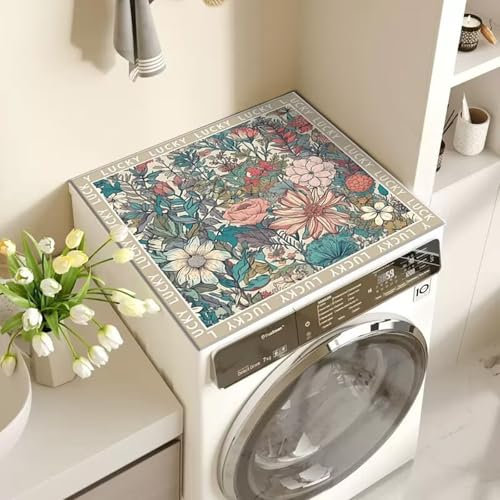 Odot Cubierta para Lavadora, 3D Flor Blanca Protector Superior Lavadora y Secadora, Alfombra para Lavadora Antideslizante para Lavadora Microondas Refrigerador (50x50cm,Flor 2)